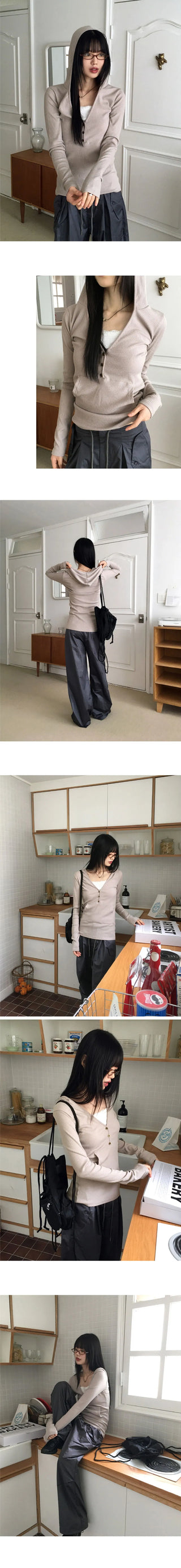 Tibot Vintage Button V-Neck Ribbed Sweatshirt