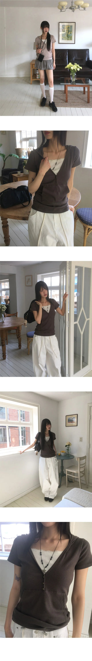 Tibot Vintage Button V-Neck Ribbed Sweatshirt