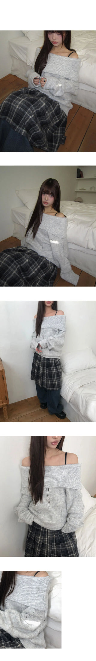 More punching off-shoulder wool knitwear