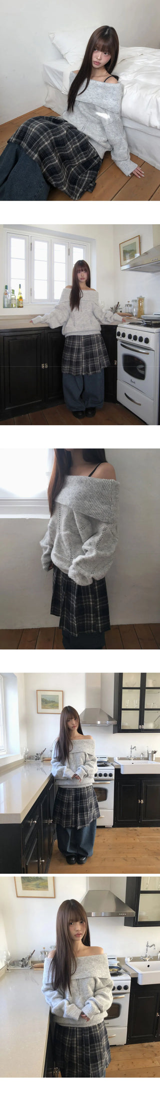 More punching off-shoulder wool knitwear