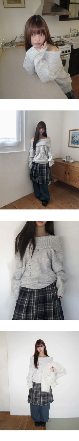 More punching off-shoulder wool knitwear