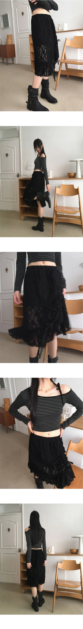 Reuben Bohemian Lace Banding Shirring Ribbon Midi Skirt