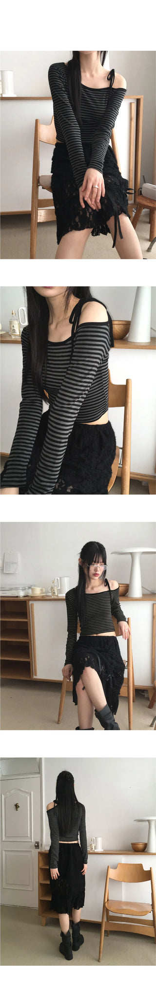 Sable one-shoulder unbuttoned strap striped long-sleeved T-shirt
