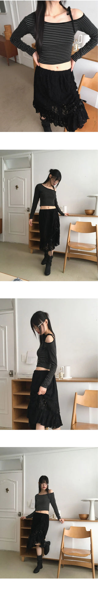Sable one-shoulder unbuttoned strap striped long-sleeved T-shirt