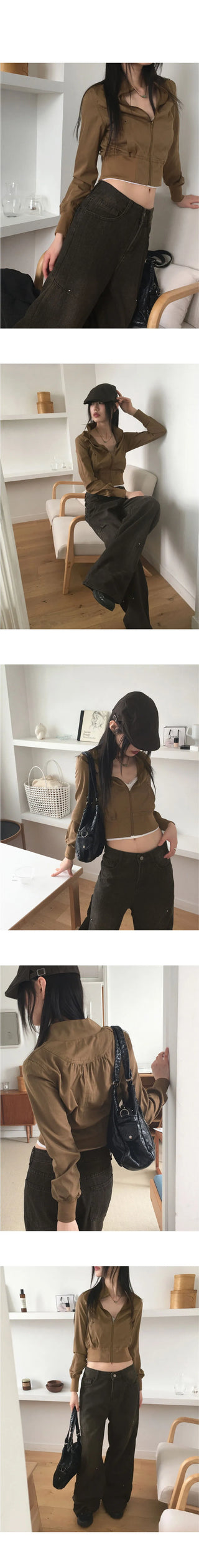 Deute vintage slim Split cotton high neck crop long sleeve zip-up