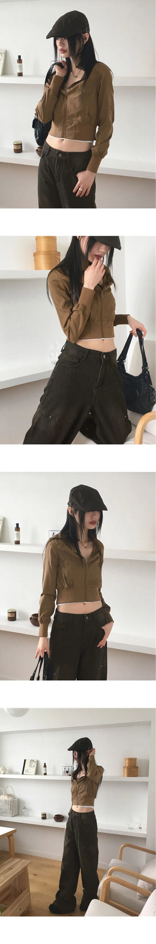 Deute vintage slim Split cotton high neck crop long sleeve zip-up