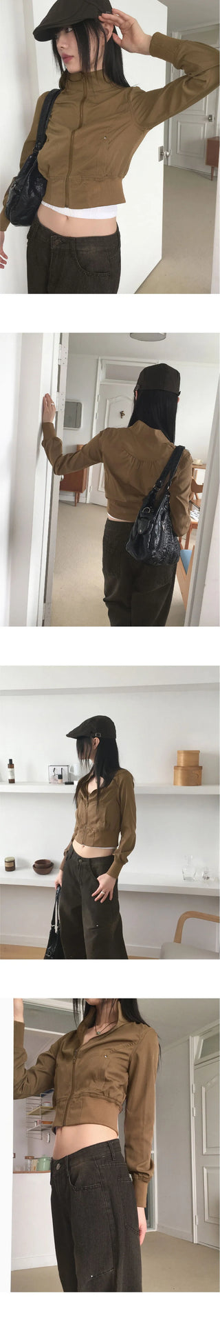 Deute vintage slim Split cotton high neck crop long sleeve zip-up