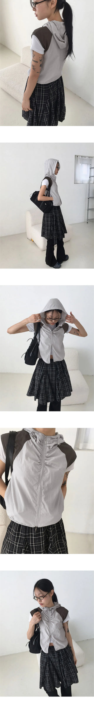 Kashi gofcore nylon hooded two-way color combination string crop vest vest