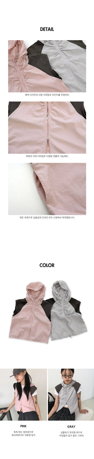 Kashi gofcore nylon hooded two-way color combination string crop vest vest