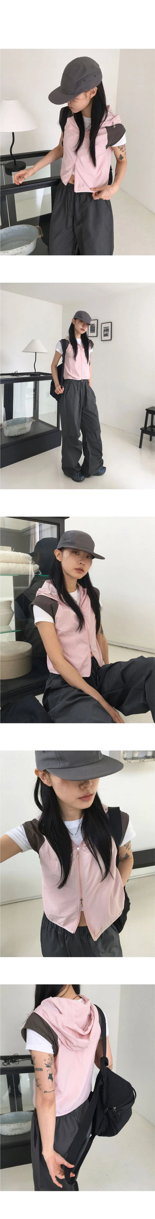 Kashi gofcore nylon hooded two-way color combination string crop vest vest