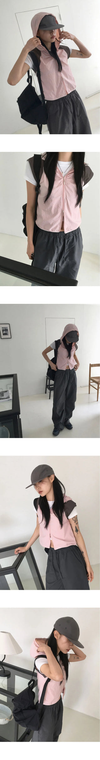 Kashi gofcore nylon hooded two-way color combination string crop vest vest