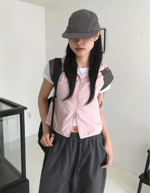 Kashi gofcore nylon hooded two-way color combination string crop vest vest