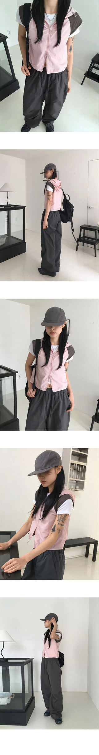 Kashi gofcore nylon hooded two-way color combination string crop vest vest