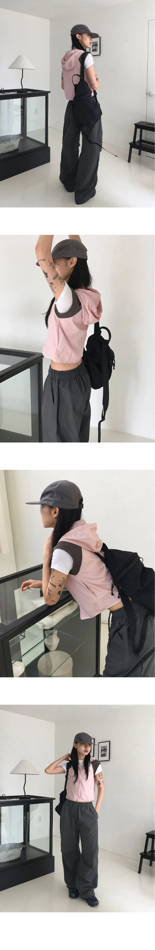 Kashi gofcore nylon hooded two-way color combination string crop vest vest