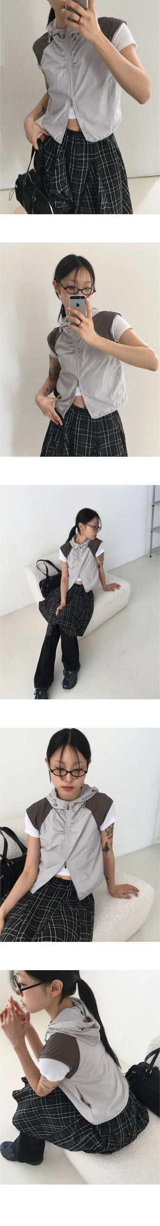 Kashi gofcore nylon hooded two-way color combination string crop vest vest