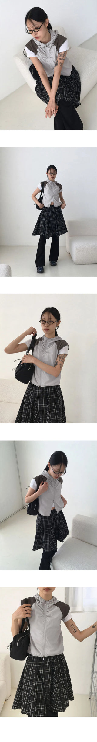 Kashi gofcore nylon hooded two-way color combination string crop vest vest