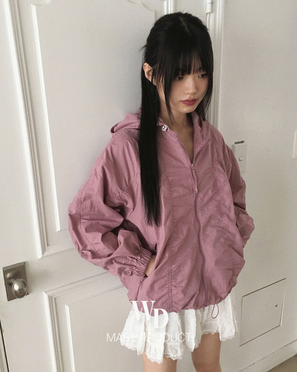 Featuring cut- Split shirring two-way string hooded windbreaker zip-up Jacket