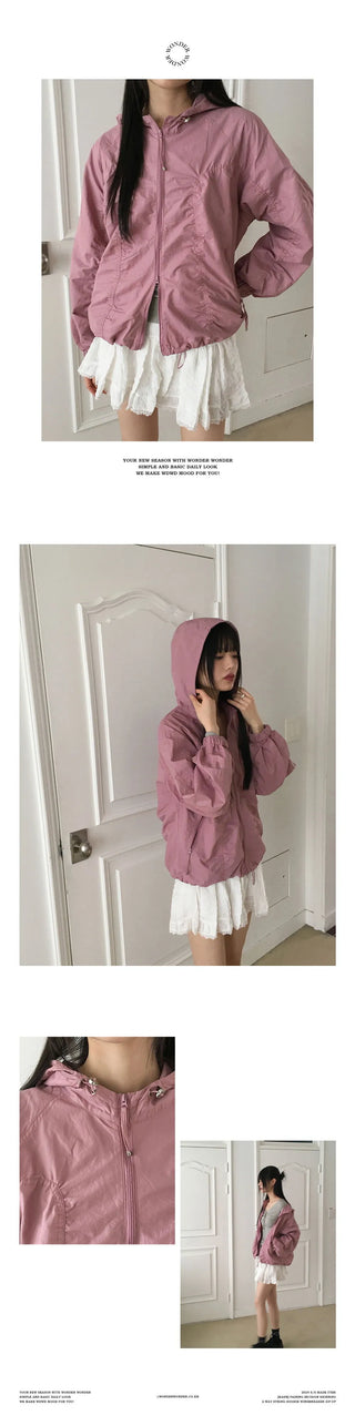 Featuring cut- Split shirring two-way string hooded windbreaker zip-up Jacket