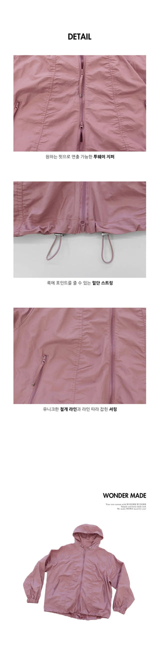 Featuring cut- Split shirring two-way string hooded windbreaker zip-up Jacket