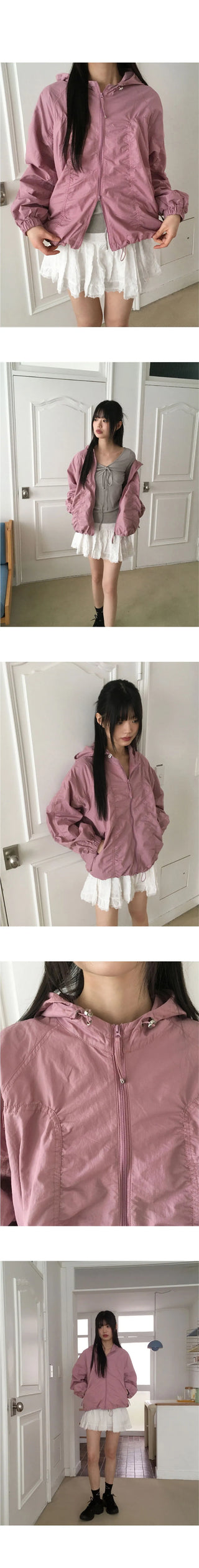 Featuring cut- Split shirring two-way string hooded windbreaker zip-up Jacket