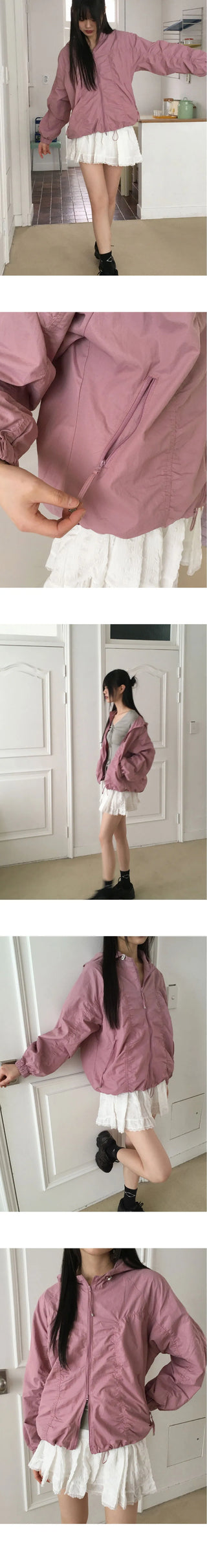 Featuring cut- Split shirring two-way string hooded windbreaker zip-up Jacket