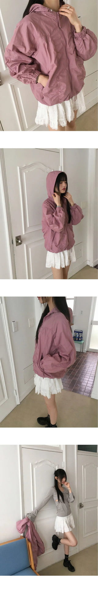 Featuring cut- Split shirring two-way string hooded windbreaker zip-up Jacket