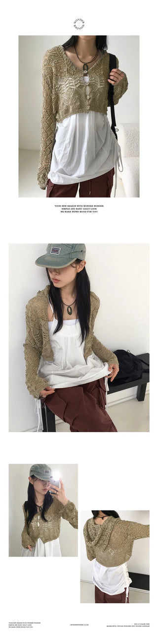 Atil Vintage Punching Button Knitwear Hooded Crop Long Sleeve Cardigan