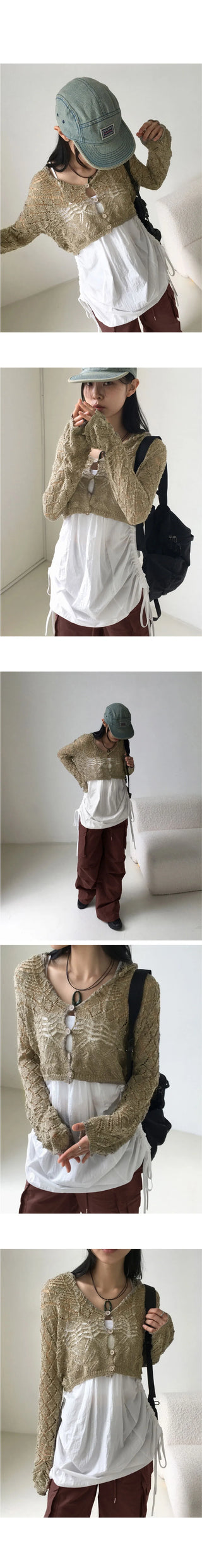 Atil Vintage Punching Button Knitwear Hooded Crop Long Sleeve Cardigan