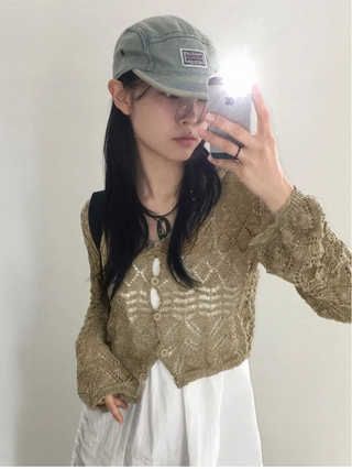 Atil Vintage Punching Button Knitwear Hooded Crop Long Sleeve Cardigan