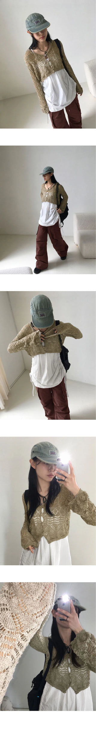 Atil Vintage Punching Button Knitwear Hooded Crop Long Sleeve Cardigan