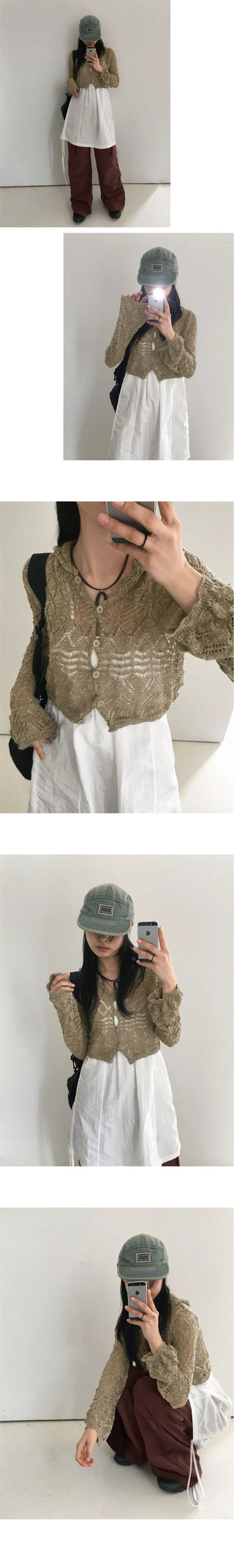 Atil Vintage Punching Button Knitwear Hooded Crop Long Sleeve Cardigan