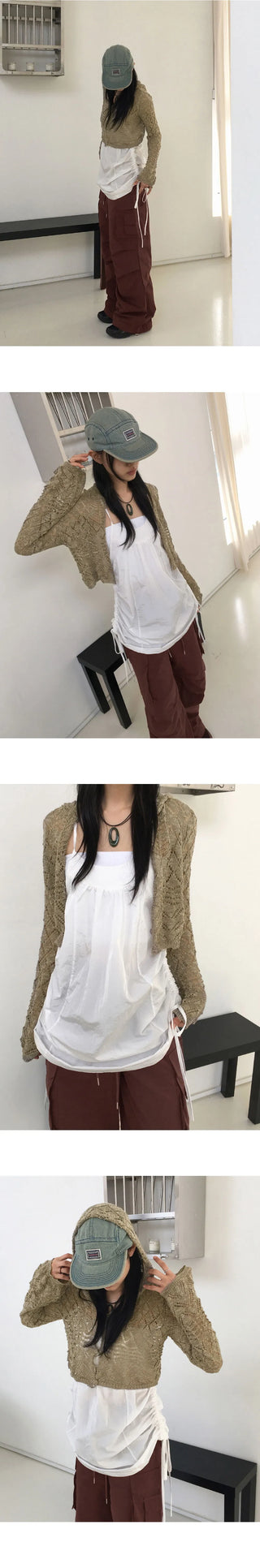 Atil Vintage Punching Button Knitwear Hooded Crop Long Sleeve Cardigan