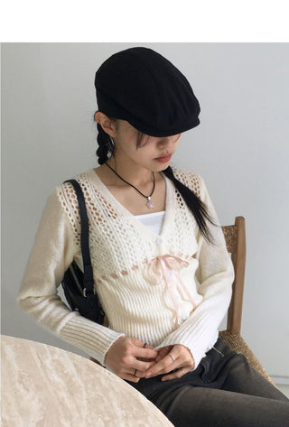 Sime Ballet Core Ribbon String Punching Knitwear Cardigan