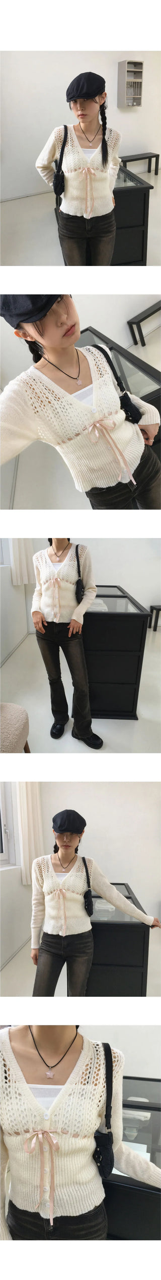 Sime Ballet Core Ribbon String Punching Knitwear Cardigan