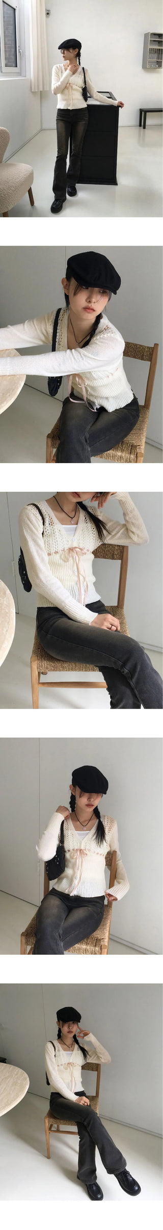 Sime Ballet Core Ribbon String Punching Knitwear Cardigan