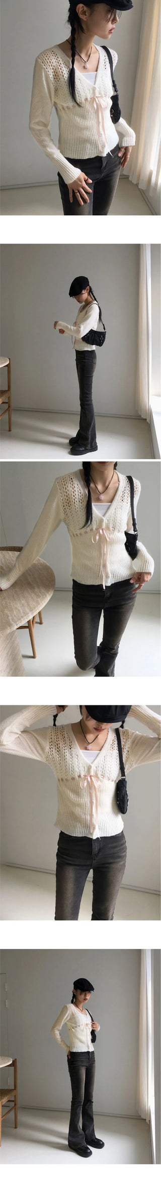 Sime Ballet Core Ribbon String Punching Knitwear Cardigan