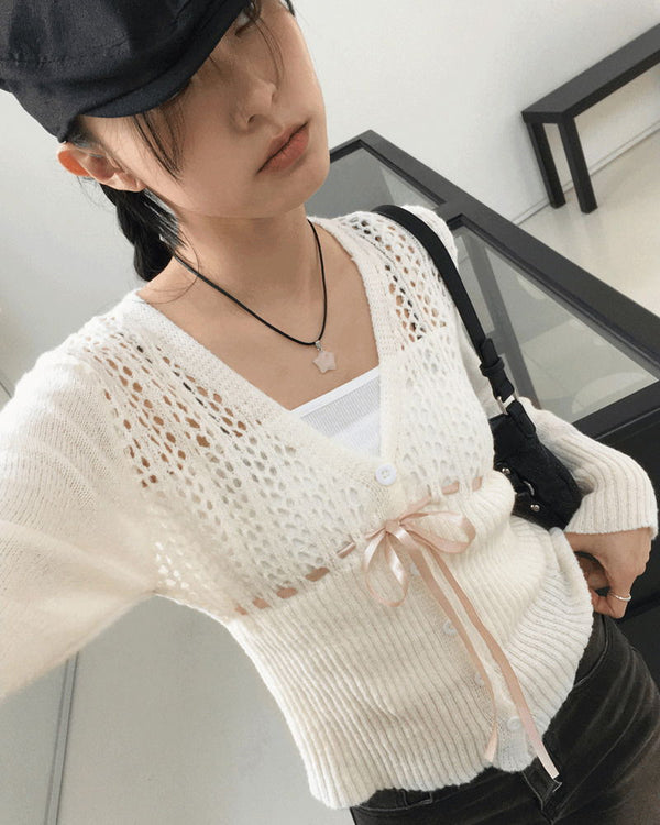 Sime Ballet Core Ribbon String Punching Knitwear Cardigan