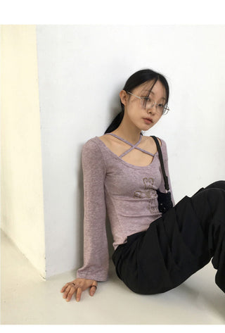 Comfo Vintage Cross X Strap Deep Unneck Long Sleeve T-Shirt