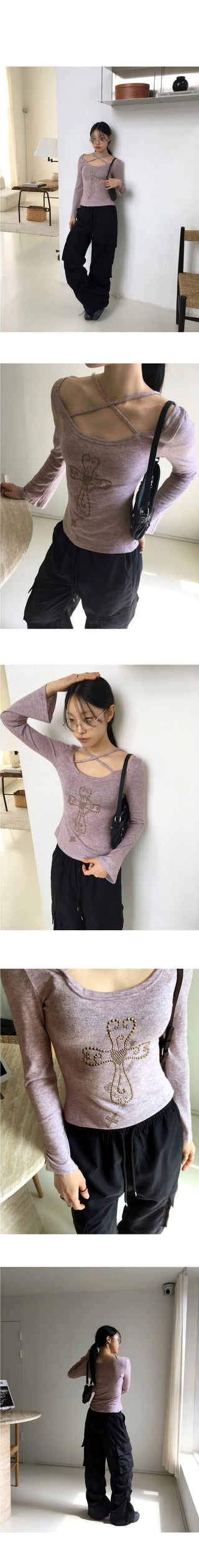 Comfo Vintage Cross X Strap Deep Unneck Long Sleeve T-Shirt