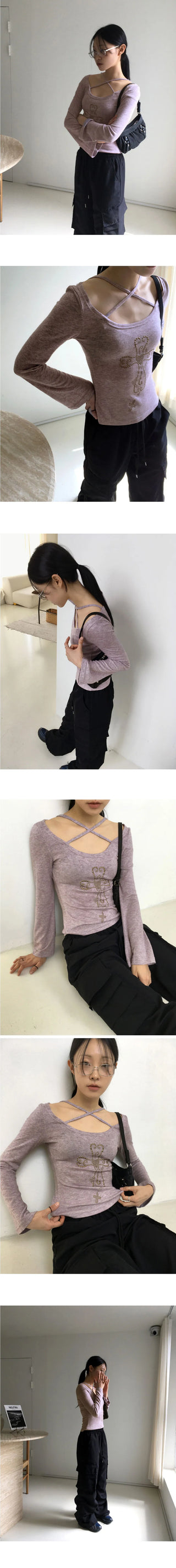 Comfo Vintage Cross X Strap Deep Unneck Long Sleeve T-Shirt
