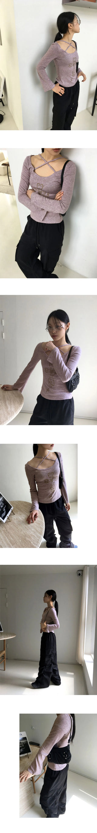 Comfo Vintage Cross X Strap Deep Unneck Long Sleeve T-Shirt