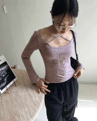 Comfo Vintage Cross X Strap Deep Unneck Long Sleeve T-Shirt