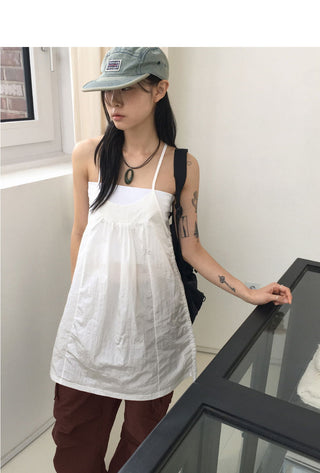 Rical Glossy Nylon Shirring Layered Strap Sleeveless Mini Dress