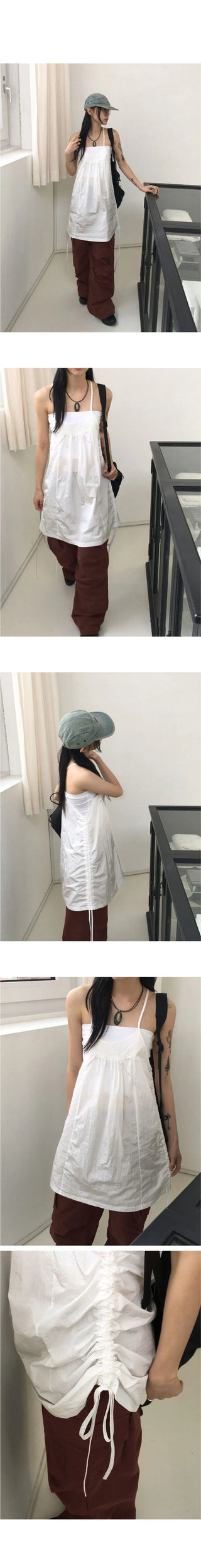 Rical Glossy Nylon Shirring Layered Strap Sleeveless Mini Dress