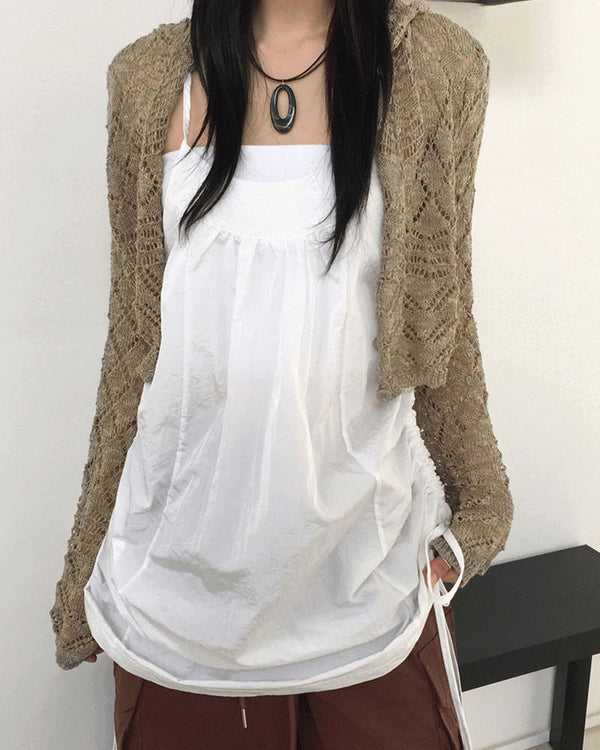 Rical Glossy Nylon Shirring Layered Strap Sleeveless Mini Dress