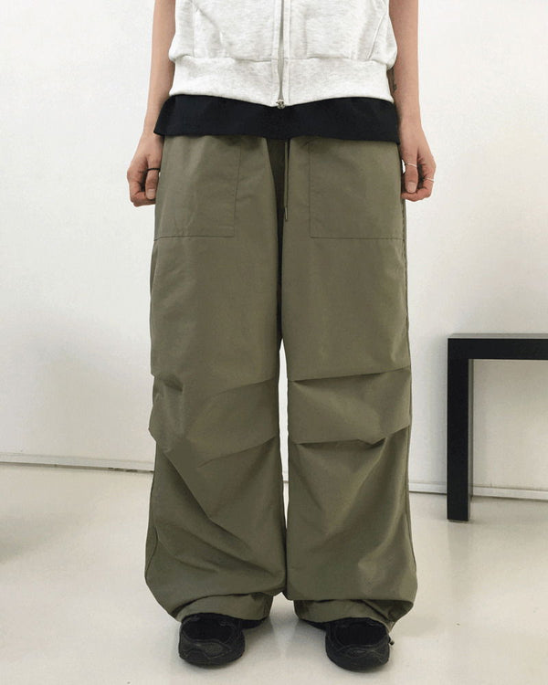 Wells Pintuck Shirring Nylon Two Way Long Wide Jogger Pants