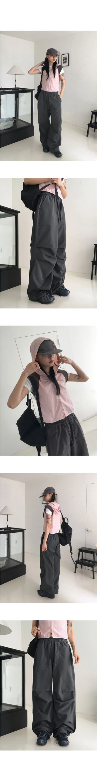 Wells Pintuck Shirring Nylon Two Way Long Wide Jogger Pants