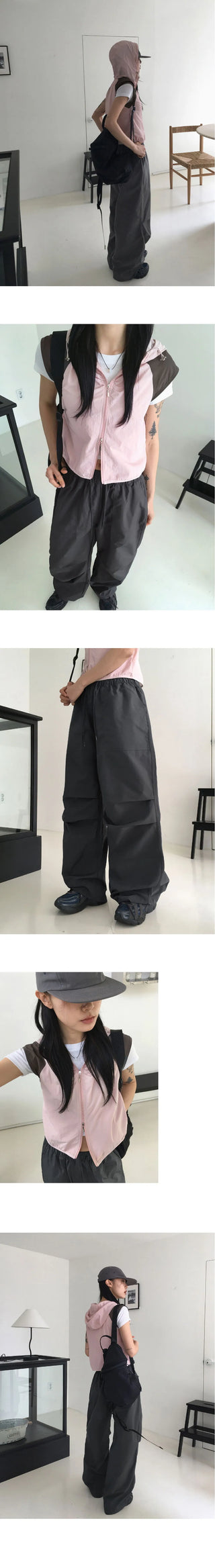 Wells Pintuck Shirring Nylon Two Way Long Wide Jogger Pants