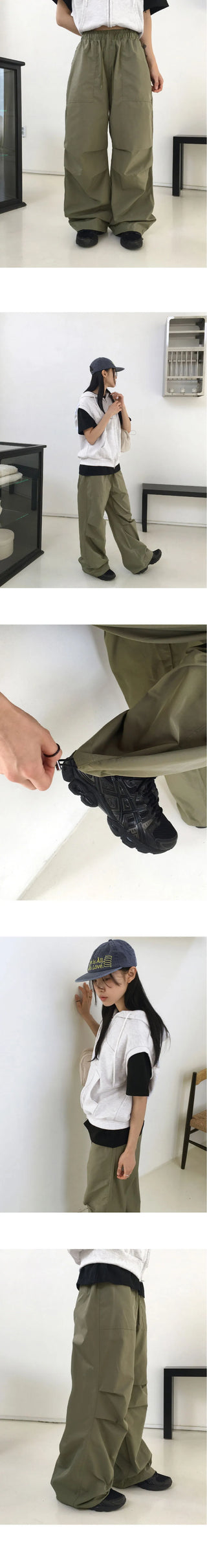 Wells Pintuck Shirring Nylon Two Way Long Wide Jogger Pants