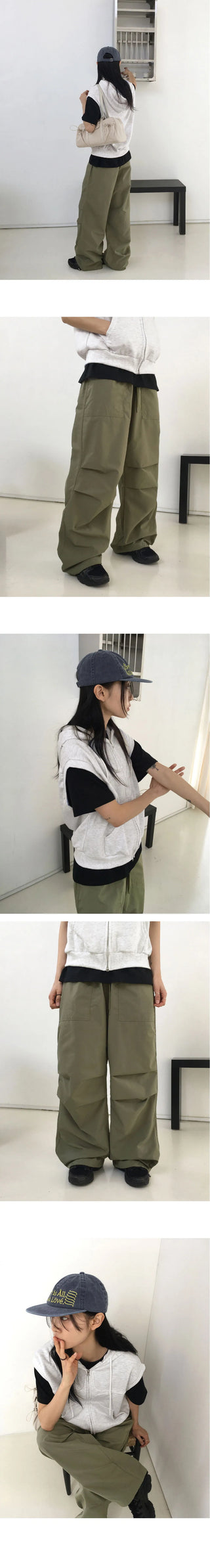 Wells Pintuck Shirring Nylon Two Way Long Wide Jogger Pants